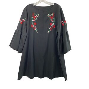 Womens Floral Embroidered Tunic Dress Size XXL Black Bell Sleeve‎ Boho Folk